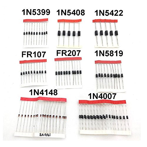 Poilee Rectifier Diode Assorted Kit,100 pcs 1N4148 1N4007 1N5819 1N5399 1N5408 1N5822 FR107 FR207 Electronic Components Package,Diode Assortment