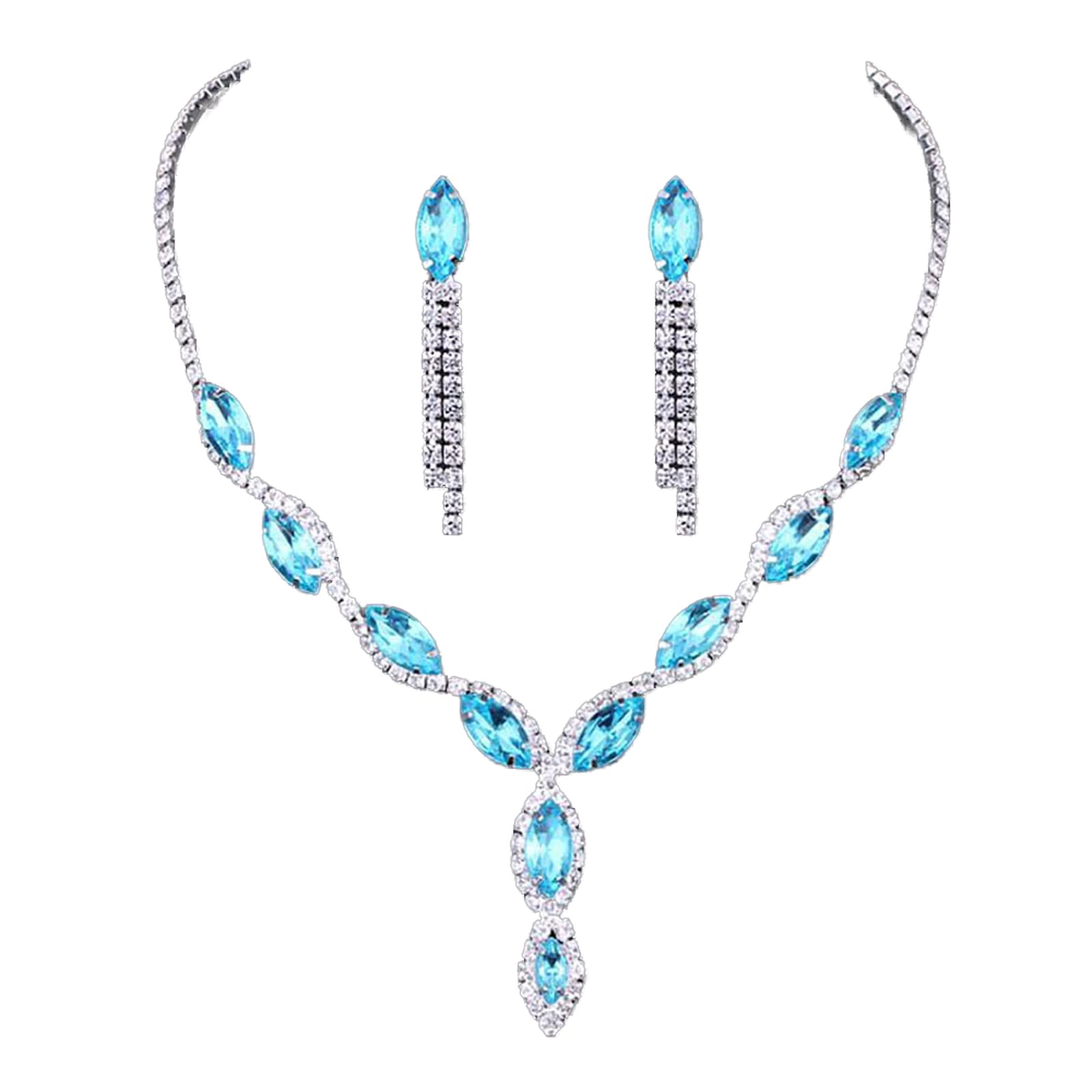 Dishowme Crystal Bridal Jewelry Set Rhinestone Pendant Necklace Earrings Marquise Chain Wedding Jewelry Set for Women Girls Teens (Blue)