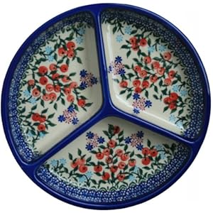 Polish Pottery Ceramika Boleslawiec 0727/282 Royal Blue Patterns Mercedes Divided Platter, 10-3/4-Inch Diameter, Red Berries and Daisies