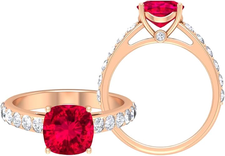 Amazon クッションカットリングソリティアエンゲージリング 3 31 Ct 宝石 D Vssi モアッサナイト 8 50 Mm 人工 ルビークラウンセッティングリングゴールドサイドストーンリング 14k ローズゴールド Size 26 リング 通販