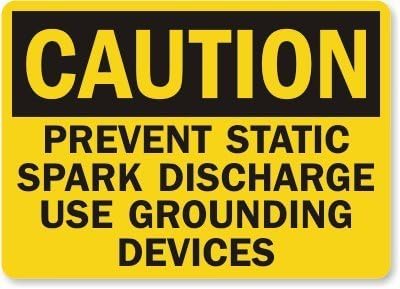 Caution: Prevent Static Spark Discharge, 10" high x 14" wide, Black on Yellow, Self Adhesive Vinyl Sticker, Indoor and Outdoor Use, Rust Free, UV Protected, Waterproof