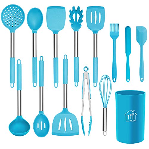 Silicone Cooking Utensil Set, AILUKI Kitchen Utensils 14 Pcs Cooking Utensils Set,Non-stick Heat Resistant Silicone,Cookware with Stainless Steel Handle - Blue