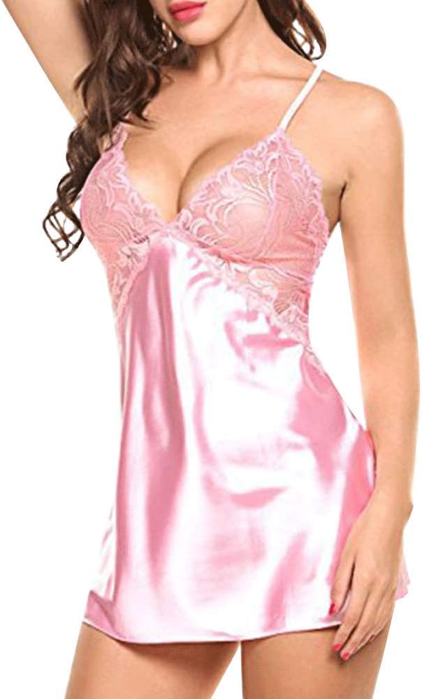 Women's V Neck Sexy Satin Lingerie Lace Chemise Mini Teddy Sleepwear Babydoll