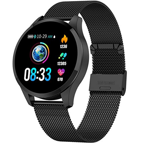 Smart Watch Fitness Tracker Color Screen Heart Rate Sleep Monitor Calorie Counter Pedometer Camera Stainless Steel Black
