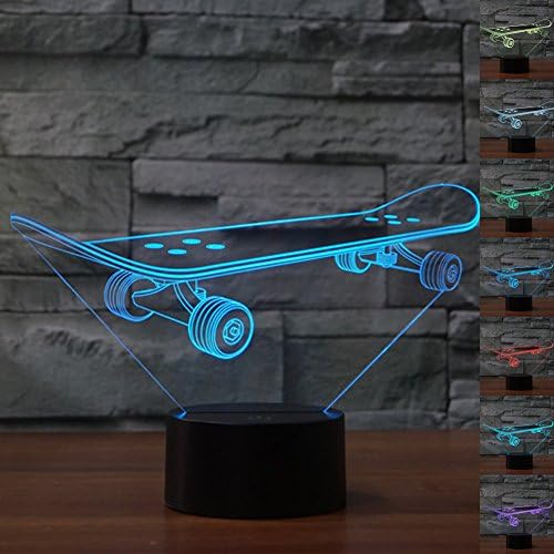 LED Night Light 3D Illusion Bedside Table Lamp 7 Colors Changing Sleeping Lighting with Smart Touch Button Cute Gift Warming Present Creative Decoration Ideal Art and Crafts (Skate Board)
