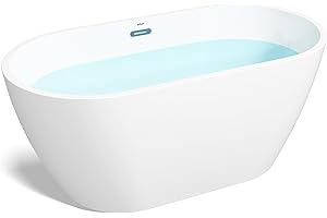 FerdY Bali 55" Acrylic Freestanding Bathtub, Gracefully Shaped Freestanding Soaking Bathtub, Glossy White cUPC Certified, Toe-Tap Chrome Drain and Classic Slotted Overflow Included