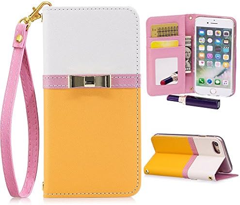 iPhone X Case,OTRON Flip Folio Shockproof Silicone Case Card Slot Kickstand PU Luxury Leather Fold Stand Pocket Purse Wallet Cover With Wrist Strap For iPhone X [ 5.8 Inch]- Women (Yellow, iphone X)