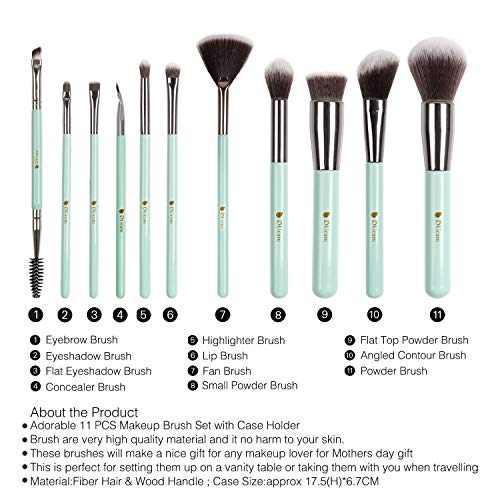 DUcare Makeup Brush Set 11Pcs Professional with Travel Bag Synthetic Face Eye Shadow Eyeliner Foundation Blush Lip Powder Liquid Cream Blending Brow Gift Make Up Brushes Set(Green with case)