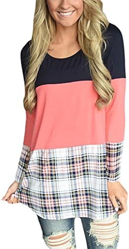 Cheeryme Womens Block Tunic Tops Casual Long Sleeve T-Shirts Blouses With Plaid Hem