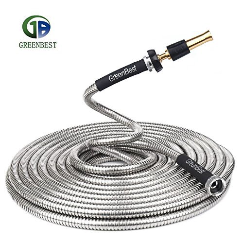 Greenbest Lightweight 304 Stainless Steel Garden Hose w/Aluminium Alloy Nozzle, Watering Your Flowers with no Kinks. Dog chew Resistant. 25, 50, 75 and 100 ft (75FT)