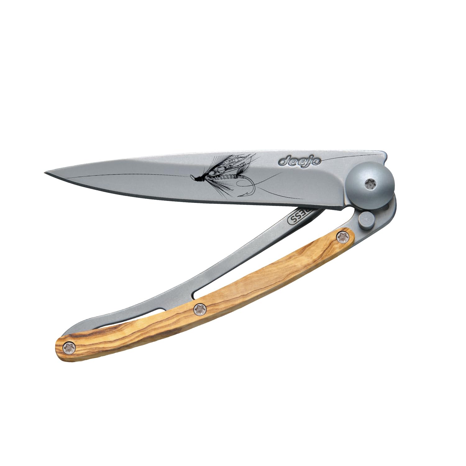 deejo – Klappbares Taschenmesser 27 g mit Gürtelclip – Griff aus Olivenholz, Klinge aus Edelstahl Z40C13 – Motiv Silver Wilkinson – Tischmesser, Wandern, Camping, Biwak