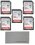 SanDisk 32 GB Class 10 SD HC Ultra Flash Memory Card - 5 Pack (SDSDUNC-032G-GN6IN) Bundle with Everything But Stromboli Microfiber Cleaning Cloth