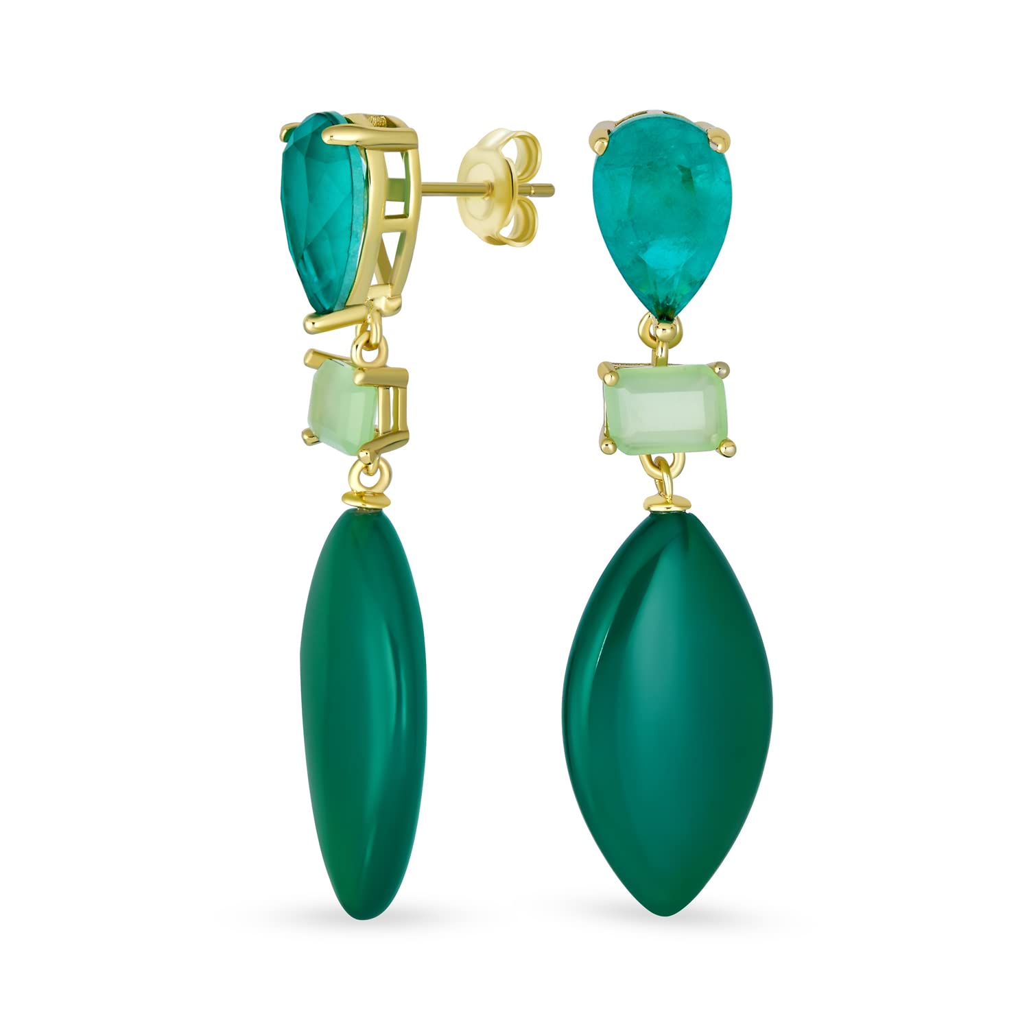 Unique Geometric Linear Green Amazonite Rhombus Teardrop Rectangle Multi Shape CZ & Natural 3 Multi-Tier Gemstone Party Dangling Earrings for Women in Yellow Gold Plated