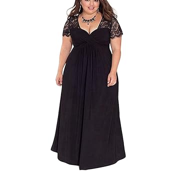 Lover-Beauty Damen Maxikleid Große Größen Kleid V-Ausschnitt Halbarm Lange Abendkleid Übergröße Spitze Partykleider Cocktailk