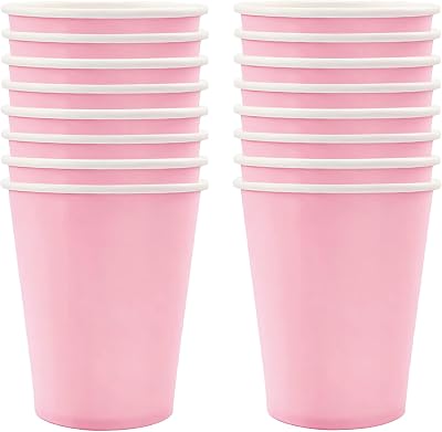 POPOYU 16Pcs Pink Party Cups Plates Set 9 oz Disposable Tableware Kids Party