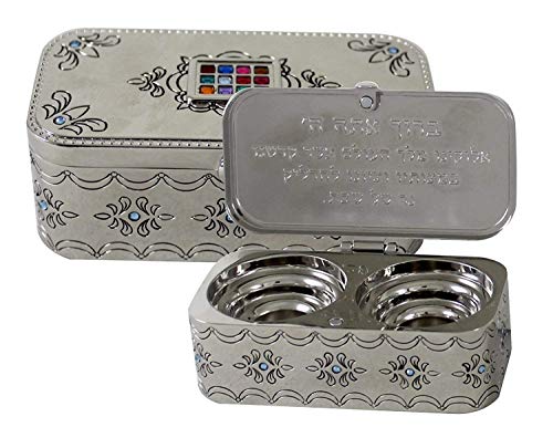 Judaica Nickel Travel Candlestick Shabbat Holiday Gift Hoshen Plate Engraved Hebrew Blessing