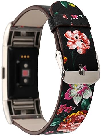 Leather Band for Fitbit Charge 2,New Flower Print Pattern Wrist Bands Strap Bracelet Replacement Watchband Accessories for Fitbit Charge 2 Smartwatch Fitness Tracker (Black+ Red)
