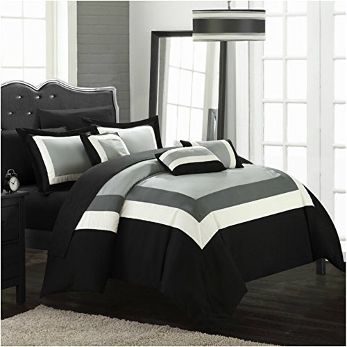 Queen Size 10 Piece Luxury Bedding Comforter Set in Black / Gray / White Color Block Design