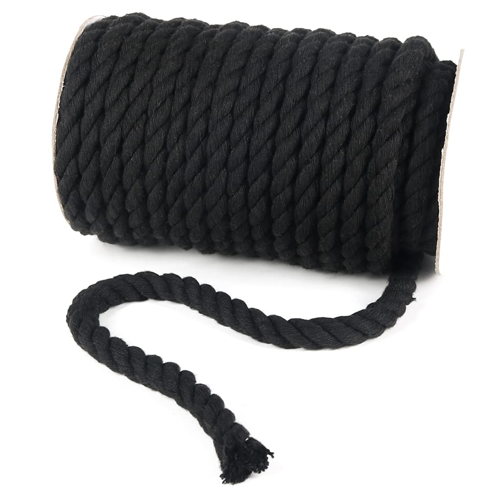 tenn well 10mm Cotton Rope, 50 Feet Thick Multifunctional Craft Rope for Macrame Knitting, Wall Hangings DIY Crafts and Decoration (Black)