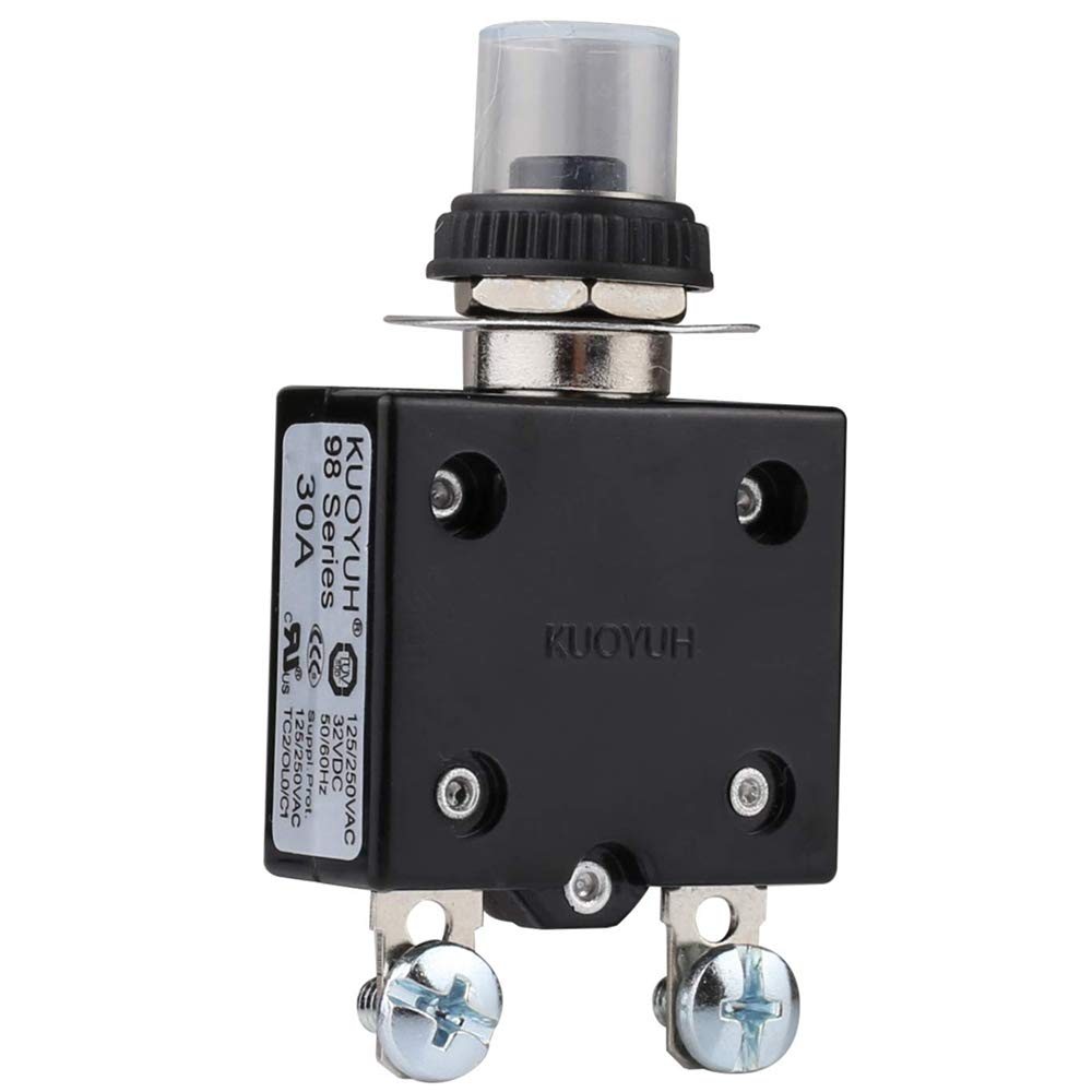 CLDIY Thermal Circuit Breaker 30A 125/250V AC 32V DC Push Button Reset Thermal Overload Circuit Breaker with Quick Connect Terminals and Waterproof Button Cover Pack of 1