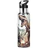 Water Bottle with Straw 3D Dinosaur T-Rex Disaster Dragon Lid Boys Insulated Stainless Steel Water Flask Sports, 20 oz Hot Cold