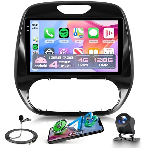 4G+128G Wireless Carplay Android Car Radio for Renault Captur Clio 2011-2018 9 Inch Incell Screen Car Radio with Android Car GPS Navi WiFi Mirror Link Bluetooth FM/RDS/EQ/SWC Rear Camera