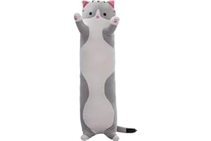 SHINUOER Cute Cat Plush Long Body Pillow – Soft Cartoon Stuffed Animal Doll, Kawaii Cat Plushie Christmas Toy Gift for Kids, Girls & Girlfriend (Gray, 19.7 Inch)
