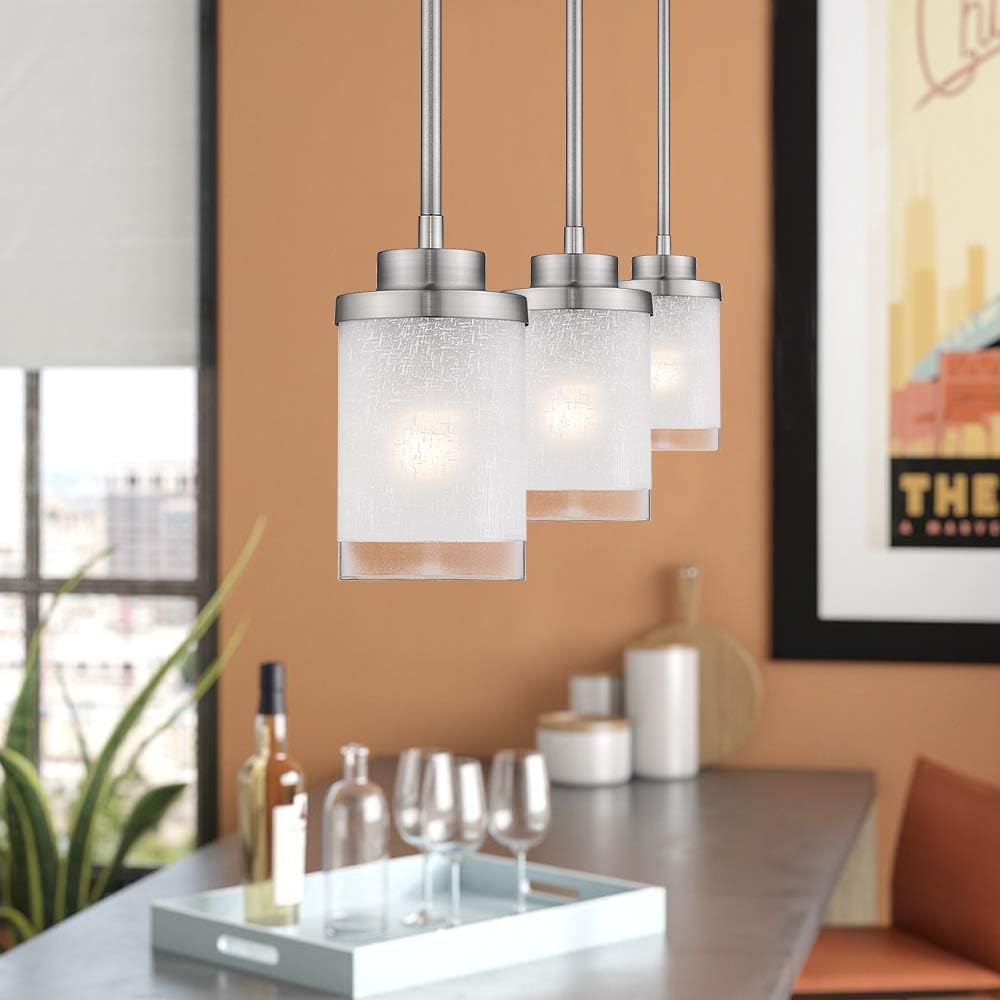 Mini Hanging Pendant Light, Jazava 1-Light Modern Hanging Ceiling Light for Farmhouse, Length Adjustable, White Linen Frosted and Clear Glass Shades with Brushed Nickel Finish - - 
