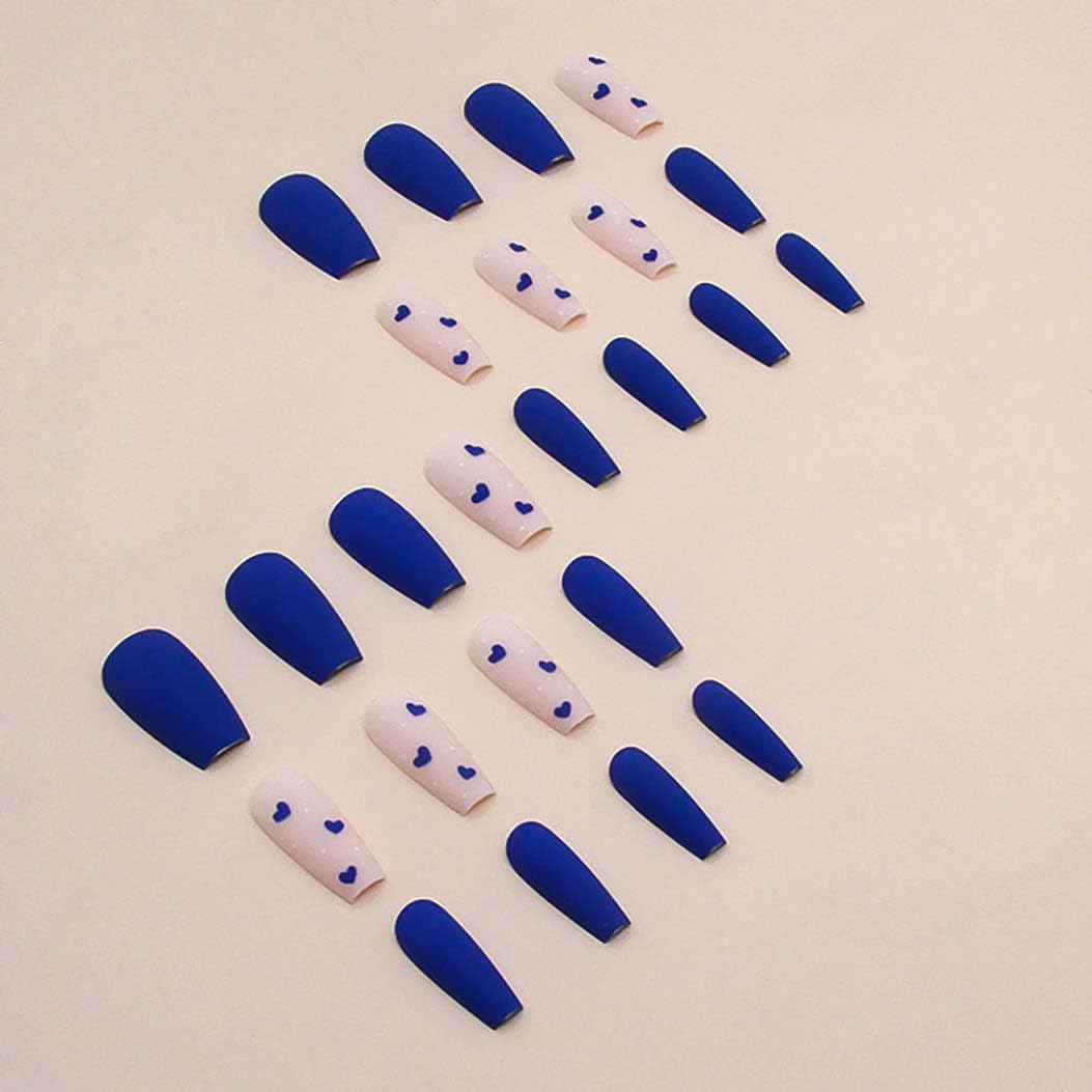 RikView Long Fake Nails Coffin Press on Nails with Hearts Design Blue Nails Matte Full Cover Nails for Women 24 PCs/Set - Image 3