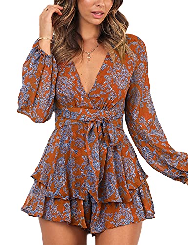 Relipop Women's Jumpsuit Floral Print V Neck Baggy Sleeve Waist Tie Double Layer Ruffle Hem Short Mini Dress Romper