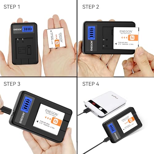 ENEGON NP-BN1 Batteries 2 Pack (1000mAh) and Charger for Sony Cyber-Shot DSC-W800 DSC-W530 DSC-W570 DSC-W650 DSC-W830 DSC-W310 DSC-W330 DSC-TX10 TX20 TX30 DSC-WX100 DSC-W800 DSC-QX10 DSC-QX30