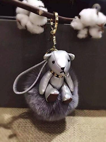 Luxury Leather Silver Teddy Bear with Large Fluffy Pom Pom Ball Keyring Keychain Bag Charm (Silver) by AURORA168