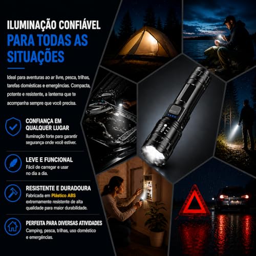 Lanterna T9 Tática LED Recarregável P50 Alta Potência 1200 Lumens Zoom Longo Alcance Ajustável Profissional - 3 Modos de Iluminação - Camping Trilhas Emergência Resistente e Compacta