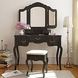 Tribesigns Vanity Makeup Table Set, French Vintage Vanity Dressing Table Set with 3 Tri Mirror and Stool Bedroom, Black