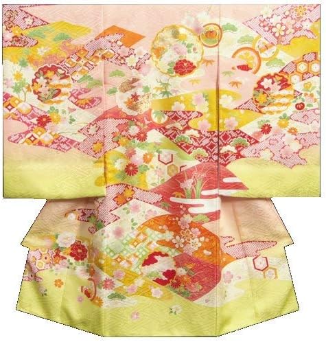 Amazon Co Jp お宮参り 着物 女の子 正絹初着 サーモンピンク 裾若草色 金コマ刺繍雪輪 金彩使い サヤ地紋生地 日本製 服 ファッション小物