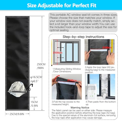 Aozzy 250CM Window Door Seal for Mobile Air Conditioner Silver Oxford, 100% Blackout, Anti-UV Waterproof for Efficient Cooling, Adjustable Size for Sliding Glass Door/Window.
