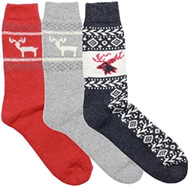 Woolly Mammoth Warm Winter Jacquard Wool Crew Socks, European Made - 3 PACK #4 Deer Black Red Gray - Shoe size: 36-40 EU/5-9 US Women