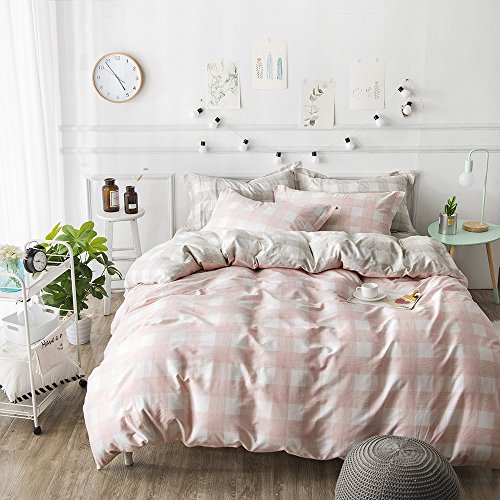 Lightweight Soft Kids Duvet Cover Set Full/Queen Cotton Reversible Plaid  Printing with Brushed Microfiber Pink Modern Duvet Comforter Quilt Covers