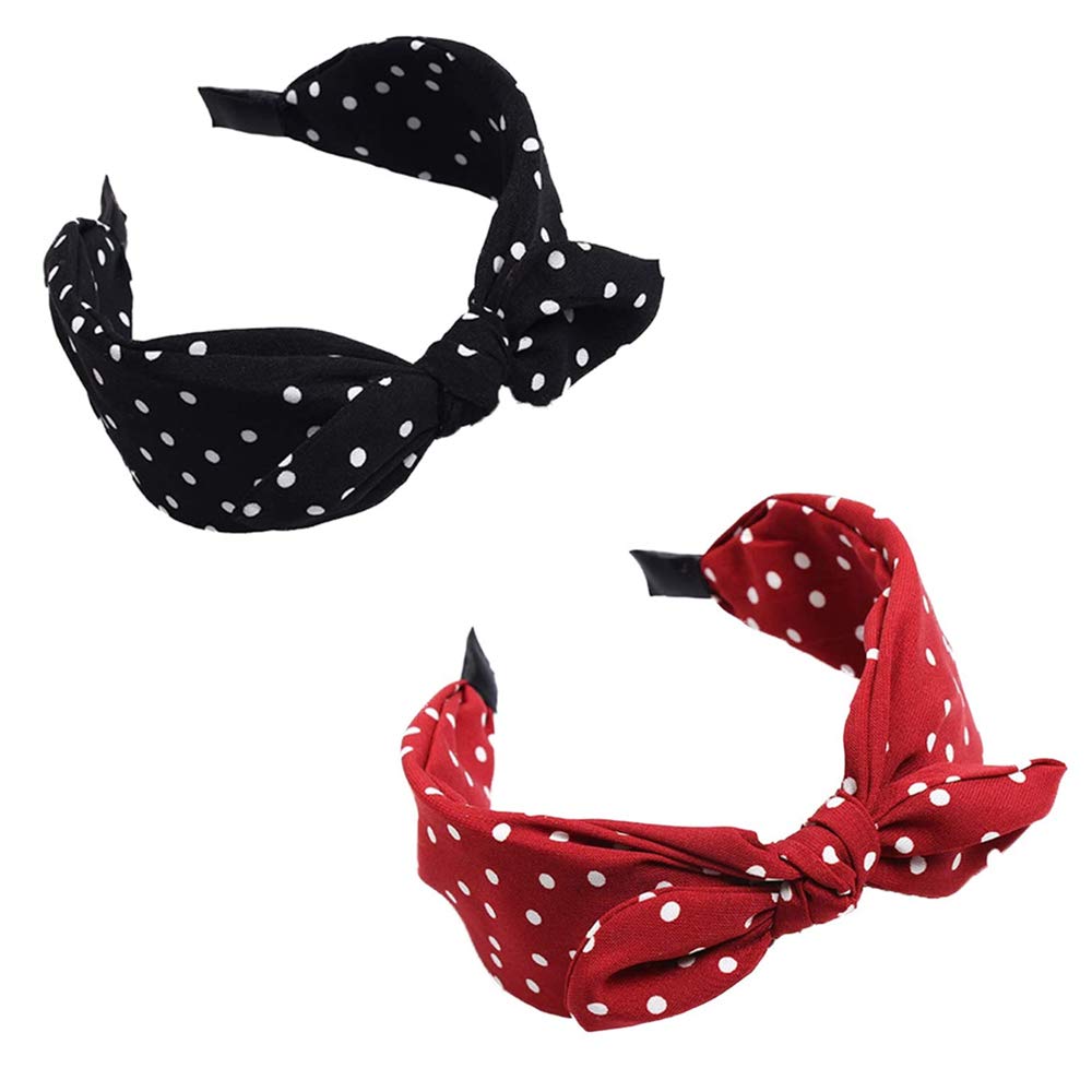 2Pcs Polka Dot Print Bowknot Headband Wide Band Cloth Hairbands Hair Hoop Headwrap Hair Accessories for Women Girls