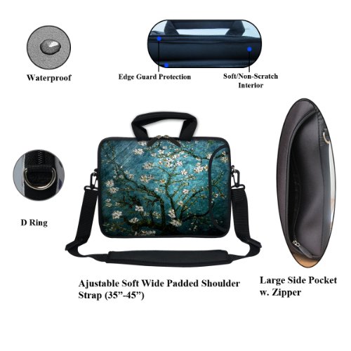 Meffort Inc 13 Inch Neoprene Laptop Bag with Extra Side Pocket, Soft Carrying Handle & Removable Shoulder Strap for 12.5 to 13.3 Inch Size Chromebook Ultrabook (Vincent Van Gogh Almond Blossoming)