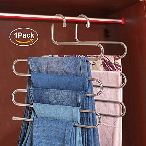 HonTop S-type Multi-Purpose Pants Hangers Rack Stainless Steel Magic for Hanging Trousers Jeans Scarf Tie Clothes,Space Saving Storage Rack 5 layers (1 pcs)