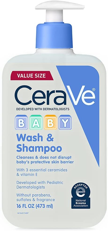 CeraVe Baby 2-in-1 Wash & Shampoo with Vitamin E for Hair & Skin, 16oz | Tear-Free Wash For Baby Hair and Skin with Vitamin E