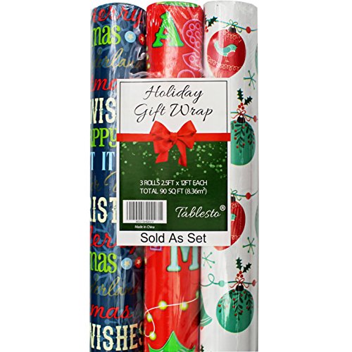 Winter Themed Gift Wrap in Assorted Bright Styles 24 in x 20 ft in Each Roll, 3 Rolls
