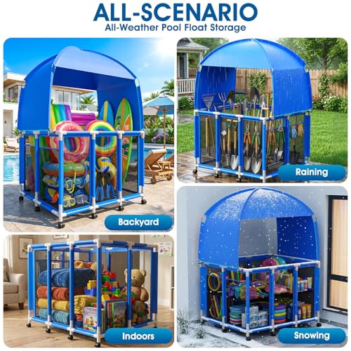 ZoneJoy Pool Float Storage with Canopy,Pool Storage Bin XXX-Large,Outdoor Pool Toy Storage Organizer for Pool, Floats & Balls, Outdoor Pool Toy Storage with Rolling Cart for Swimming Equipments