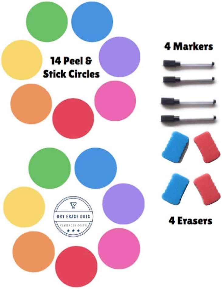 Table Dots Dry Erase Circles by Classroom Coach PET Vinyl for Easy Erasing - Set of 14 Multicolor Circles Decals for Tables, Whiteboard, or Walls! Great Teacher Classroom Supplies (14) : Office Products