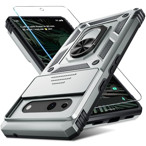 Janmitta Compatible with Google Pixel 7a Case Built in Slide Camera Lens Cover+Screen Protector+Finger Ring Holder Kickstand,Heavy Duty Shockproof Full Body Protective Phone Cover,2023 Silver