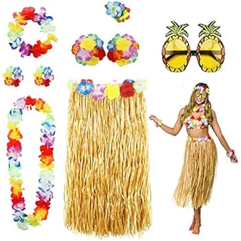 Phogary 8 Pack Hula Skirt Costume Accessory Kit for Hawaii Luau Party - Dancing Hula with Flower Bikini Top, Hawaiian Lei, Hibiscus Hair Clip, Pineapple Sunglasses for Women