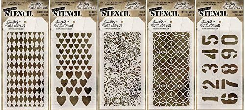 Tim Holtz Stencils Set - #16 to #20 - Harlequin, Hearts, Doily, Latticework &amp; Numbered - 5 Item Bundle