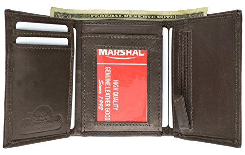 Leather Mens Wallet Trifold Black window ID Zipper Change Pocket FREE Organza Gift Bag (Brown)