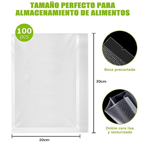 100 Bolsas para Sellar al Vacio Alimentos de 30*20 CM, MYAIOL Bolsas Selladoras al Vacío Precortadas Espesadas, Sin BPA, Grado Comercial, Ideal para Comida Sellada, Preparación de Comidas o Sous Vide